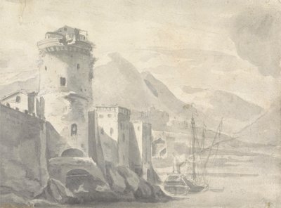 Befestigte Gebäude, die steil von einem Flussufer aufsteigen (in Italien?) mit Boot in der Mitte und entfernten Bergen von Thomas Wyck
