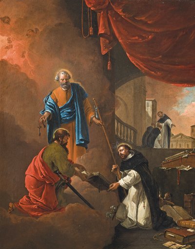 Die Vision des heiligen Dominikus, mit dem heiligen Dominikus, der zwei missionarische Mönche segnet von Thomas Wyck