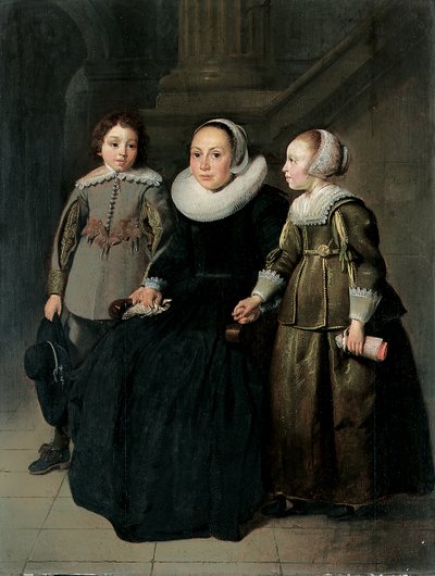 Porträt einer Dame, Ganzfigur, sitzend, in einem schwarzen Kleid mit weißem Kragen und Haube, hält ein Taschentuch, mit ihrem Sohn in einem grauen Wams und ihrer Tochter in einem grünen Kleid, 1635 von Thomas de Keyser