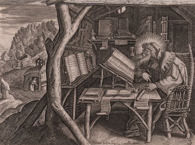 Der heilige Evagrius Ponticus vertieft in seine Studien, Radierung und Grabstichel von Thomas de Lieu (1560-1612) von Thomas de Leu