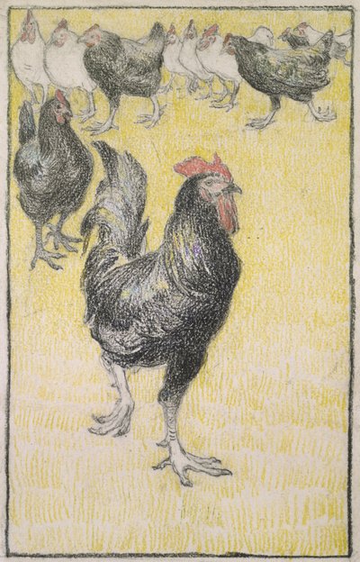 Hahn, gefolgt von schwarzen und weißen Hennen von Théophile Alexandre Steinlen