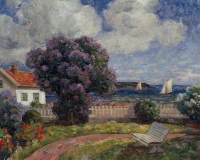 Küstenlandschaft mit blühendem Fliederbusch von Thorolf Holmboe