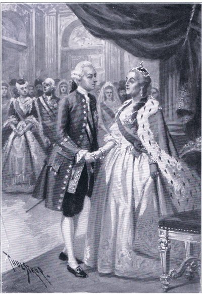 Treffen von Katharina II. von Russland und Joseph II. von Österreich, Illustration aus Landmarks in European History, veröffentlicht von Gresham Publishing Co, ca. 1920 von Thure de Thulstrup