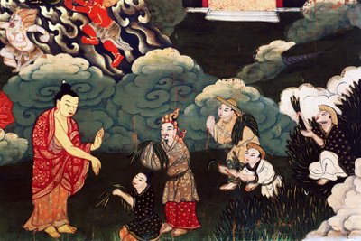 Angebot von Grasbündeln, Szenen aus dem Leben von Buddha Shakyamuni von Tibetan School