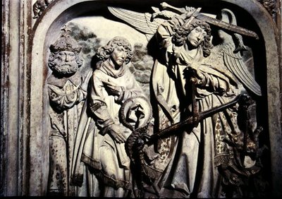 Grab von Heinrich II. (973-1024) und seiner Frau Kunigunde, Detail des Wiegens des Herzens von Heinrich II. in Anwesenheit von St. Laurentius von Tilman Riemenschneider
