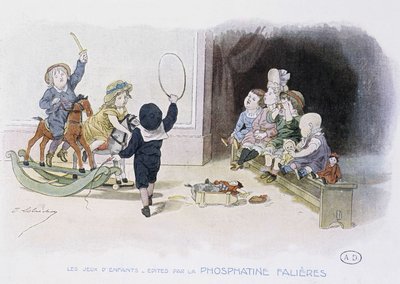 Kinderspiele: Kinder mit verschiedenen Spielzeugen (Reifen, Schaukelpferd, Puppen...) - Zeichnung von Lobrichon, Ed. von Phosphatine Falieres, ca. 1920 von Timoleon Marie Lobrichon