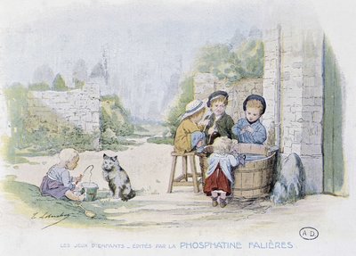 Kinderspiele: Angeln in einem Eimer (Zeichnung von Lobrichon, herausgegeben von Phosphatine Falieres, ca. 1920) von Timoleon Marie Lobrichon