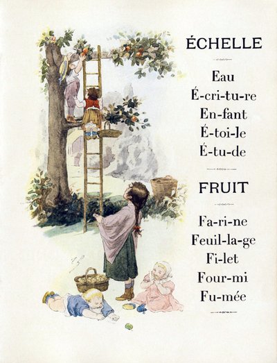 Buchstaben E und F, die Kinder beim Backen von Orangen darstellen, späte 19. Jahrhundert (Chromolithographie) von Timoleon Marie Lobrichon
