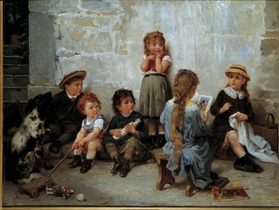 Der spannende Abschnitt. Kinder, die einem Buch zuhören von Timoleon Marie Lobrichon