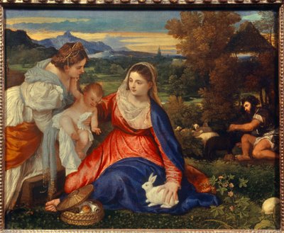 Die Jungfrau und das Kind mit der Heiligen Katharina oder die Jungfrau mit dem Kaninchen (Gemälde von Tiziano Vecellio genannt Titian, 16. Jahrhundert) von Tiziano Vecelli