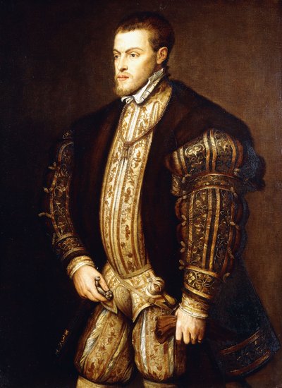 Porträt von König Philipp II. von Spanien, Dreiviertellänge, in Halbpanzerung und mit dem Abzeichen des Ordens vom Goldenen Vlies von Tiziano Vecelli