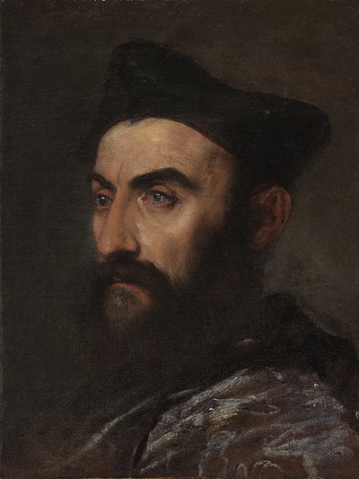 Porträt eines Geistlichen, Brustbild, in einem blauen Mantel und schwarzen Hut - ein Fragment von Tiziano Vecelli