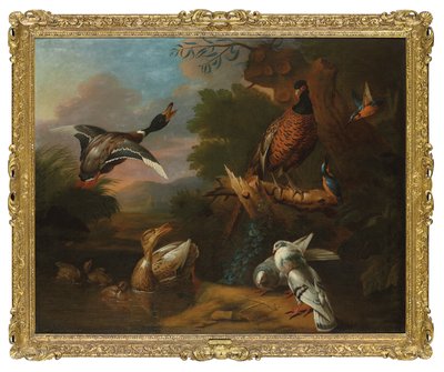 Ein Fasan, Tauben, Entenküken und Eisvögel mit einer Stockente, die an einem bewaldeten Teich abhebt, eine Landschaft dahinter von Tobias (circle of) Stranover