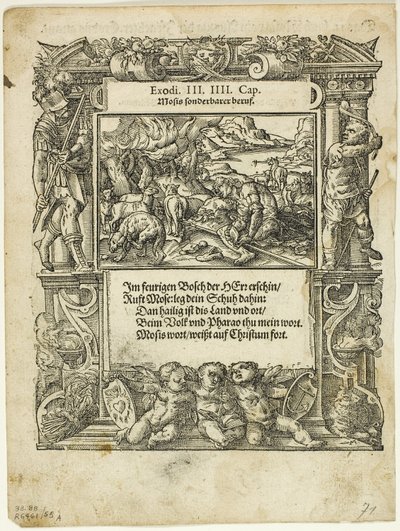 Moses und der brennende Dornbusch (recto) und Der kleine Moses wird in den Fluss gesetzt (verso) aus Neue künstlerische Figuren biblischer Historien, Platte 55 aus Holzschnitten aus Büchern des 16. Jahrhunderts von Tobias Stimmer