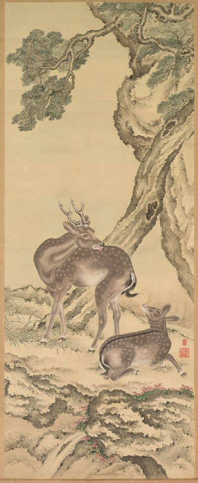 Symbole der Langlebigkeit: Hirsche unter Pfirsich und Kiefer (Pfirsich) (links) von Toda Tadanaka