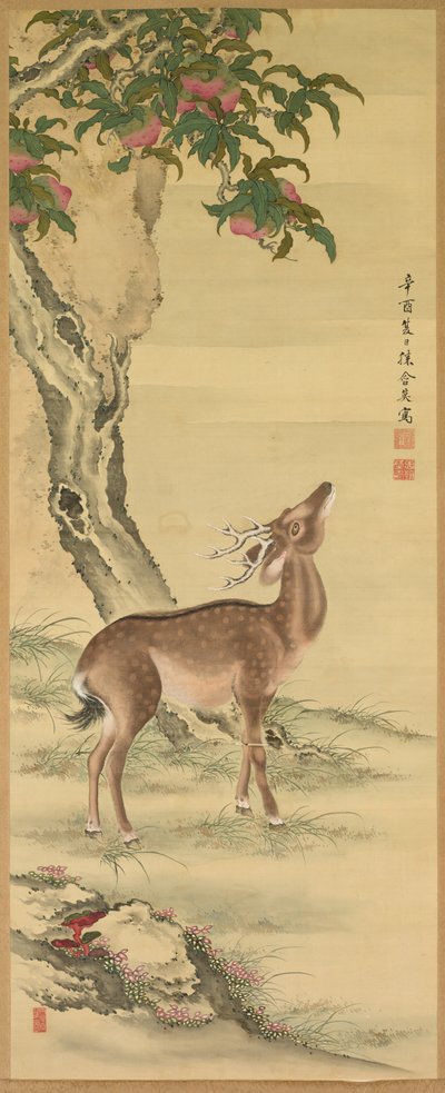 Symbole der Langlebigkeit: Hirsch unter Pfirsich und Kiefer, 1801 von Toda Tadanaka