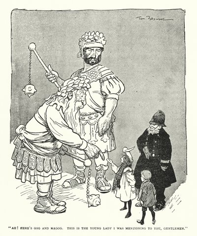 "Ah! Hier sind Gog und Magog, das ist die junge Dame, die ich Ihnen erwähnte, meine Herren" von Tom Browne