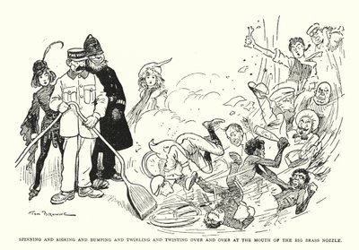 Drehen und Treten und Stoßen und Wirbeln und Drehen über und über am Mundstück der großen Messingdüse (Lithografie) von Tom Browne