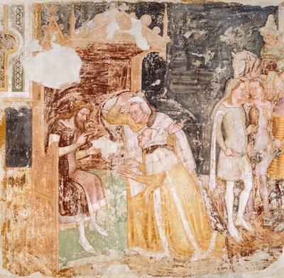 Die Entsendung von Botschaftern des Königs von England, Detail aus Geschichten der Heiligen Ursula, von Tommaso da Modena, Fresko von Tomaso da (late 15th century) Modena