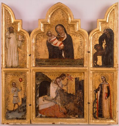 Holz- und Gold-Polyptychon mit Jungfrau und Kind, der Auferstehung Christi und Heiligen von Tomaso da (late 15th century) Modena