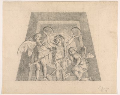 Drei Putti mit Tamburinen und Trompeten, Entwurf für Lunette der Sala delle Muse, Museo Pio-Clementino, Vatikan von Tommaso Maria Conca