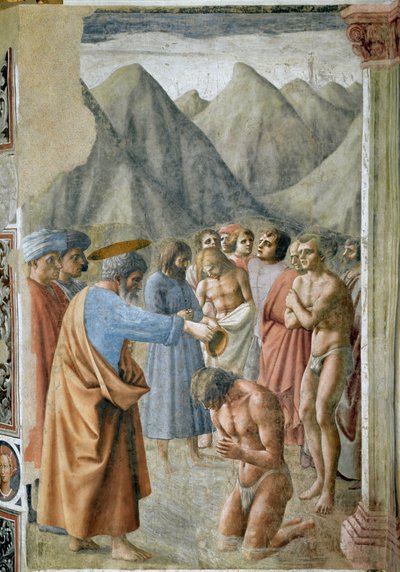 Der heilige Petrus tauft die Neophyten. Fresko von Masaccio (Tommaso di ser Giovanni di Mone Cassai) (1401-1428) 1425-1427 Dim 229,9x161,9 cm Florenz, Chiesa di Santa Maria del Carmine, Cappella Brancacci von Tommaso Masaccio