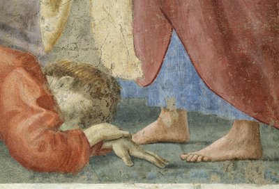 St. Peter verteilt die Gemeingüter der Kirche und der Tod des Ananias, Detail von Ananias, tot zu Füßen von St. Peter, ca. 1427 Fresko von Tommaso Masaccio