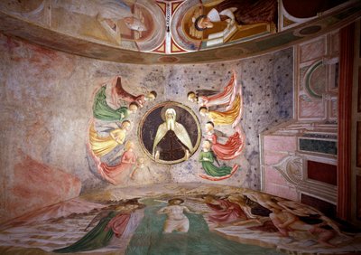 Lebenszyklus von Johannes dem Täufer: Gottvater umgeben von Engeln, die Taufe Christi und der heilige Hieronymus in seinem Studierzimmer von Tommaso Masolino da Panicale