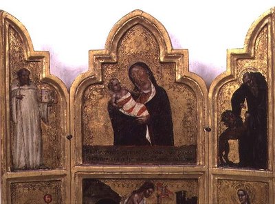 Madonna mit Kind, St. Benedikt und St. Hieronymus, obere Hälfte des Triptychons von Tommaso da Modena Barisino or Rabisino
