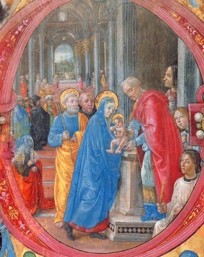 Corale B 26 c.113r Historisierte Initiale C, die die Darstellung im Tempel zeigt, mit einem Porträt von Lorenzo dem Prächtigen 1449-92 an einer Säule auf der rechten Seite (Detail) von Tommaso di Baldassare
