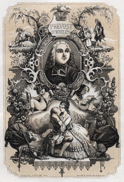 Frontispiz von „Histoire de Manon Lescaut et du Chevalier Des Grieux“ von Abbe Prevost (Antoine Francois Prevost) (1697-1763) - Ausgabe von 1839, illustriert von Tony Johannot (1803-1852) von Tony Johannot