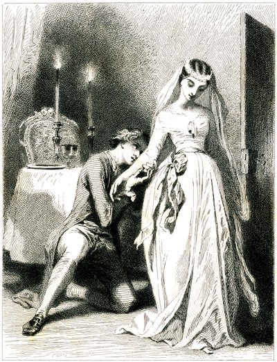 Seufzender Liebhaber kniet zu Füßen seiner schönen Verlobten in einem Kerzenlicht-Interieur - Mädchen in romantischem Kleid und Frisur - Gravur von Tony Johannot (Antoine Johannot) von Tony Johannot