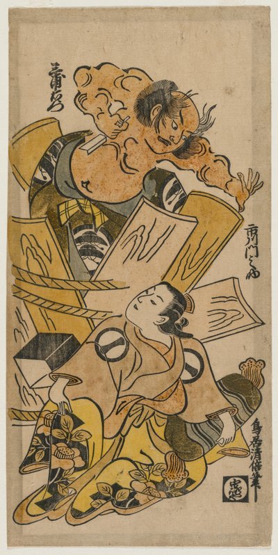 Ichikawa Monnosuke als Kurtisane und Nakajima Mioemon, der aus einem Fass platzt, um frühe 1720er Jahre von Torii Kiyomasu