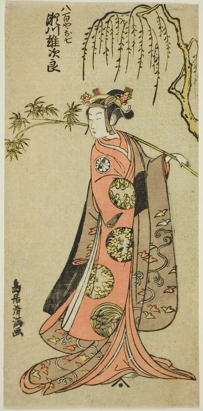 Der Schauspieler Segawa Yujiro I als Oshichi im Stück "Edo no Haru Meisho Soga," aufgeführt im Ichimura Theater im dritten Monat, 1773 von Torii Kiyomitsu I