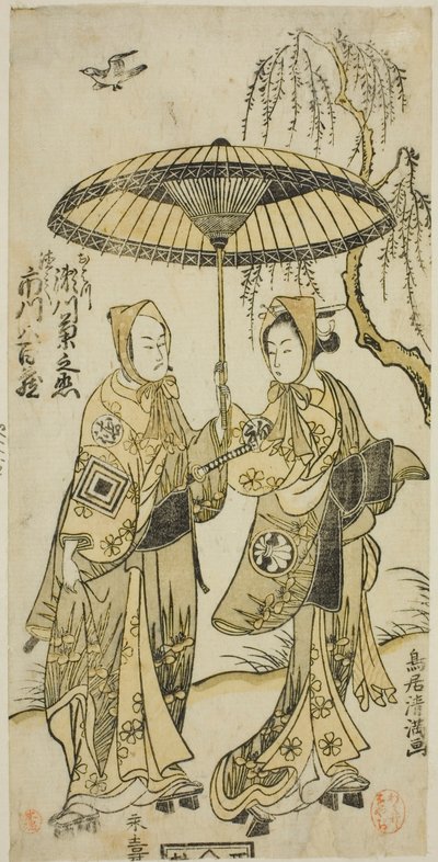 Die Schauspieler Segawa Kikunojo II als Ohatsu und Ichikawa Yaozo II als ihr Liebhaber Tokubei im Stück "Yoni Osaka Nitsui no Meoto," aufgeführt im Ichimura Theater im zweiten Monat, 1767 von Torii Kiyomitsu I