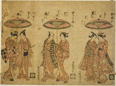 Drei Paare teilen sich Regenschirme von Torii Kiyomitsu I