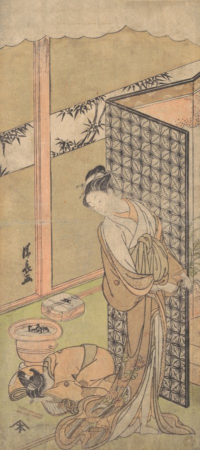 Eine Oiran in Nachtkleidung, pausierend, mit einer Hand auf dem Bildschirm, der ihr Bett umgibt von Torii Kiyonaga