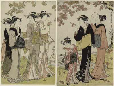 Schönheiten unter einem Ahornbaum, aus der Serie "Eine Sammlung zeitgenössischer Schönheiten der Vergnügungsviertel" von Torii Kiyonaga