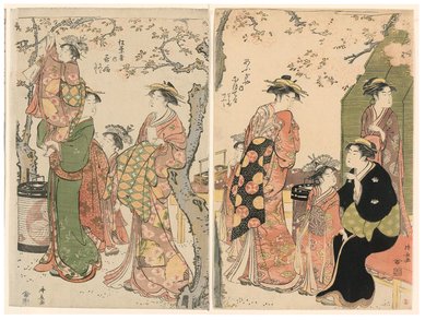Kurtisanen und ihre Kinder unter blühenden Kirschbäumen von Torii Kiyonaga