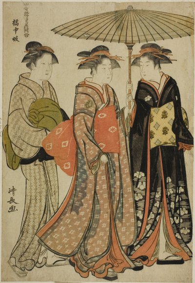 Unterhalter von Tachibana (Kitchugi), aus der Serie "Eine Sammlung zeitgenössischer Schönheiten der Vergnügungsviertel (Tosei yuri bijin awase)" von Torii Kiyonaga