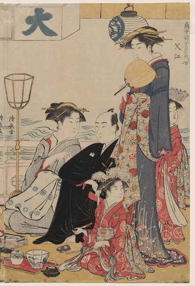 Unterhaltung auf einem Balkon am Wasser in Nakasu, aus der Serie Eine Sammlung schöner moderner Frauen der Vergnügungsviertel von Torii Kiyonaga