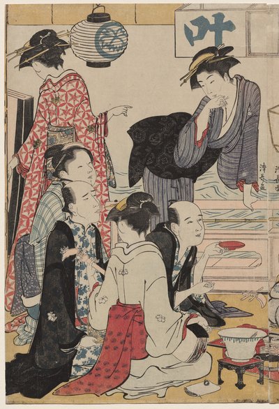 Unterhaltung auf einem Balkon am Wasser in Nakasu, aus der Serie, Eine Sammlung schöner moderner Frauen der Vergnügungsviertel von Torii Kiyonaga