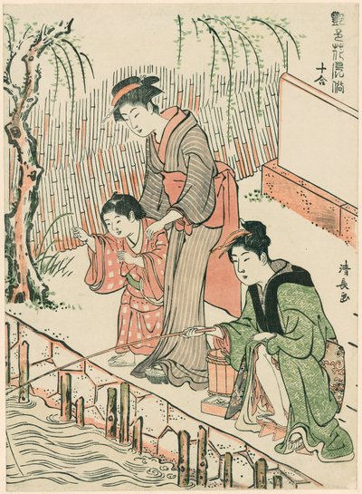 Fischen, aus der Serie "Ein Satz von zehn Schönheiten in blumenartigen Stilen (Enshoku hana fuzoku ju awase)" von Torii Kiyonaga