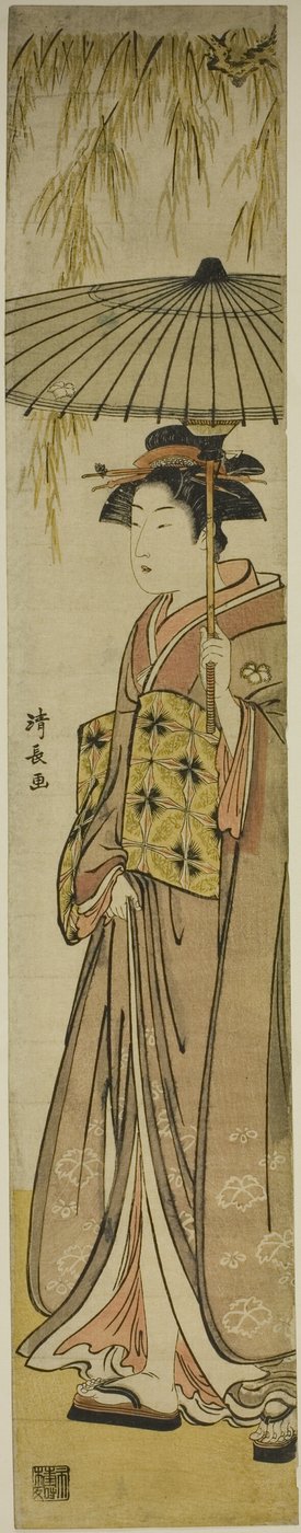 Geisha trägt einen Sonnenschirm unter einem Weidenbaum von Torii Kiyonaga