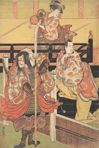 Auf einem Balkon sitzt eine Frau und spielt Tsuzumi, darunter ein Mann im Daimyo-Kostüm, ca. 1790 von Torii Kiyonaga