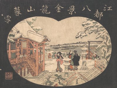 Schneeszene mit Figuren vor einem Tempel von Torii Kiyonaga