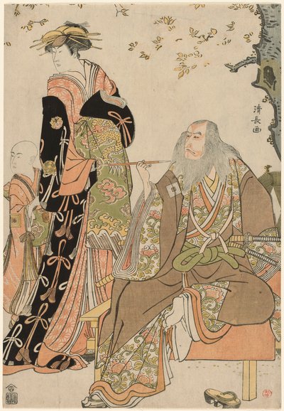 Die Schauspieler Ichikawa Danjuro V als Hige no Ikyu, Nakamura Riko als Agemaki und Ichikawa Ebizo als Agemakis Begleiter im Stück "Sukeroku Yukari no Edozakura" im Nakamura Theater im dritten Monat, 1784 von Torii Kiyonaga