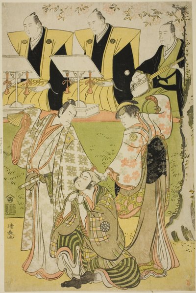 Die Schauspieler Ichikawa Monnosuke II als Munesada, Segawa Kikunojo III als Kurtisane Sumizome und Nakamura Nakazo I als Sekibei, im Stück "Tsumoru Koi Yuki no Seki no To," aufgeführt im Kiri Theater im elften Monat, 1784 von Torii Kiyonaga
