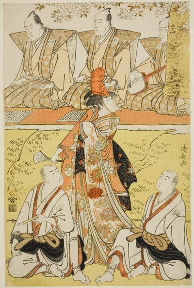 Die Schauspieler Segawa Kikunojo III als Koito, Sawamura Sojuro III als Mönch Sainenbo und Ichikawa Monnosuke II als Mönch Renseibo im Shosa "Mata Saku Hana Museume Dojoji," aufgeführt im Nakamura Theater im vierten Monat, 1783 von Torii Kiyonaga