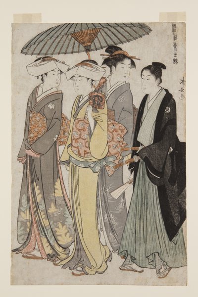 Zwei Töchter eines Bannermanns mit einer Dienerin und einem jungen Mann (Farbholzschnitt) von Torii Kiyonaga